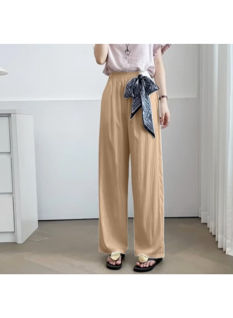 بنطلون بالازو واسع الساقين بمقاس حر، مزود بحزام خصر مطاطي وحزام وشاح مزخرف للنساء - Image 2